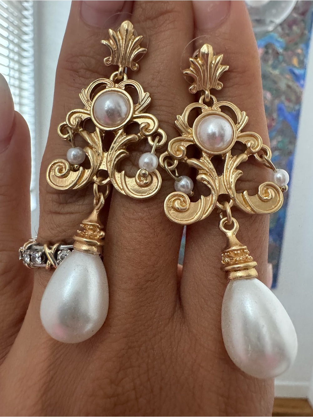 Vintage Gold Filigree Earrings with White Pearl Drops